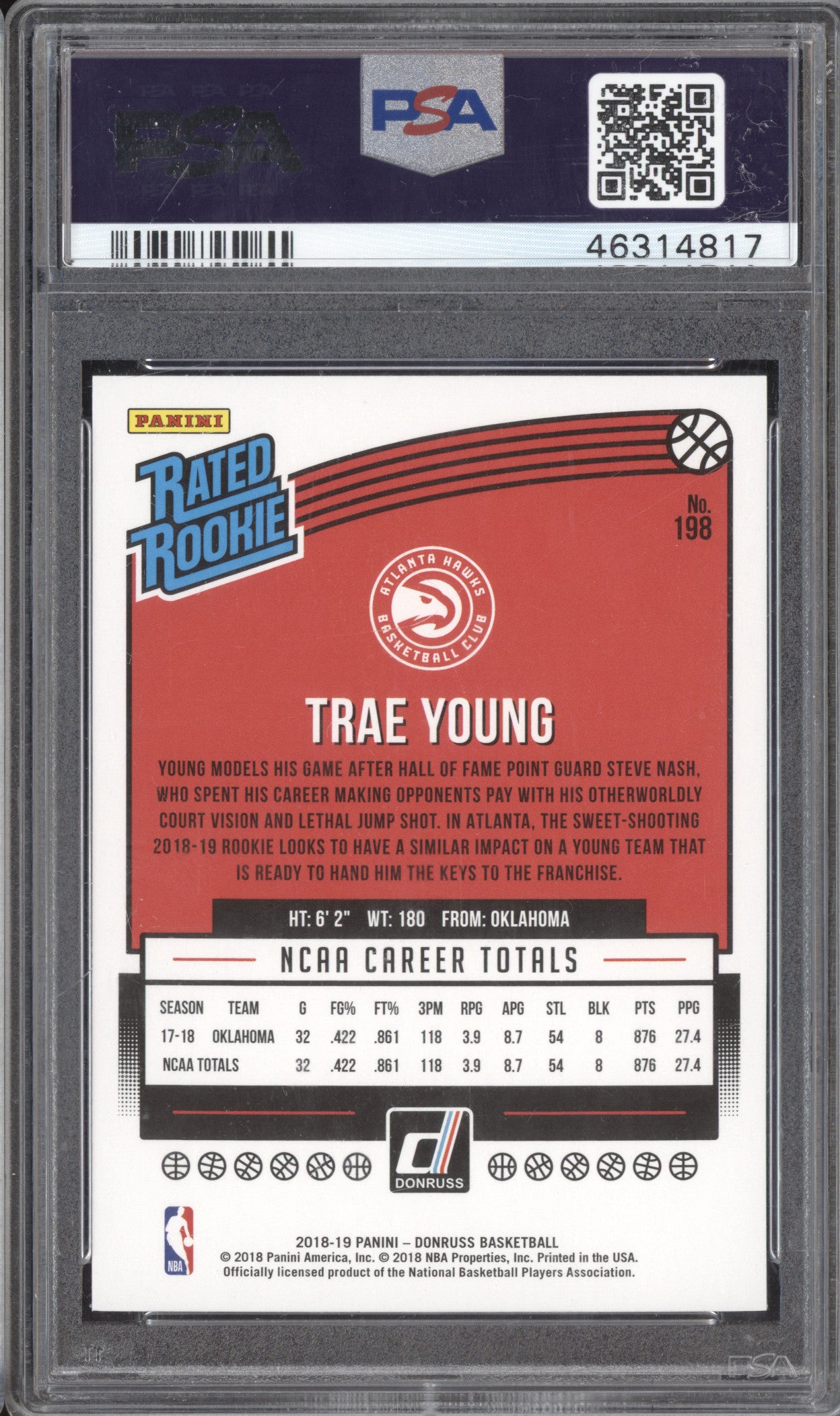 Trae Young 2018-19 Panini Donruss 198 RC PSA 10