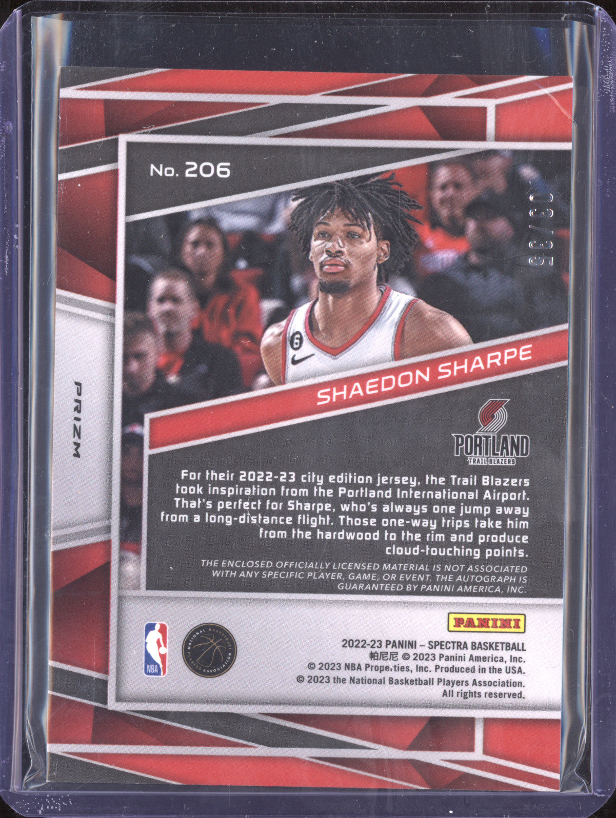 Shaedon Sharpe 2022-23 Panini Spectra 206 Rookie Jersey Auto Astral RC 3/35