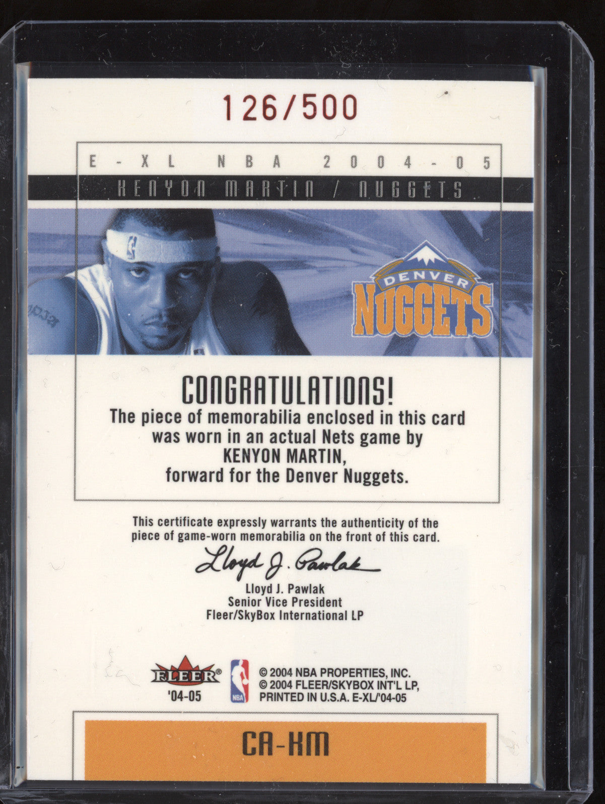 Kenyon Martin 2004-05 Fleer E-XL CA-KM Court Authentics Jersey 126/500