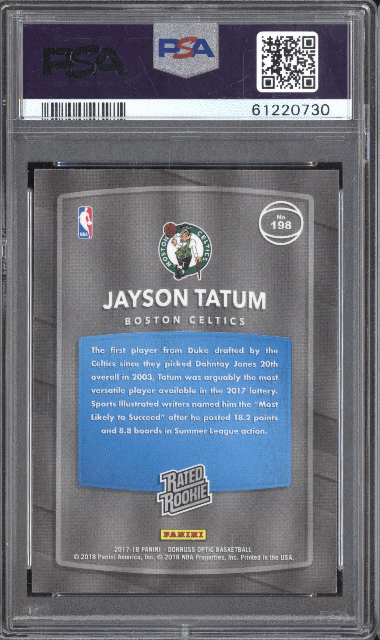 Jayson Tatum 2017-18 Panini Donruss Optic 198 RC PSA 10