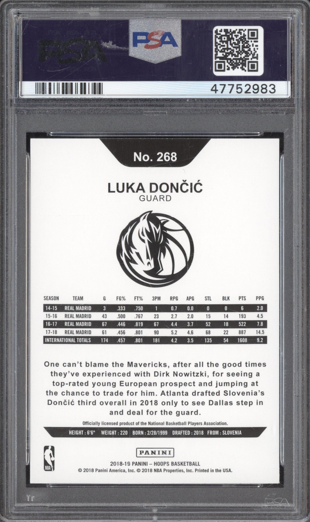 Luka Doncic 2018-19 Panini Hoops 268 RC PSA 10