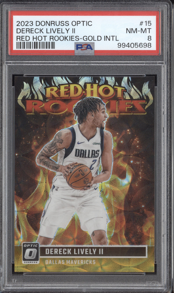 Dereck Lively II 2023 Panini Optic Hot Rookies Gold International RC /10 PSA 8