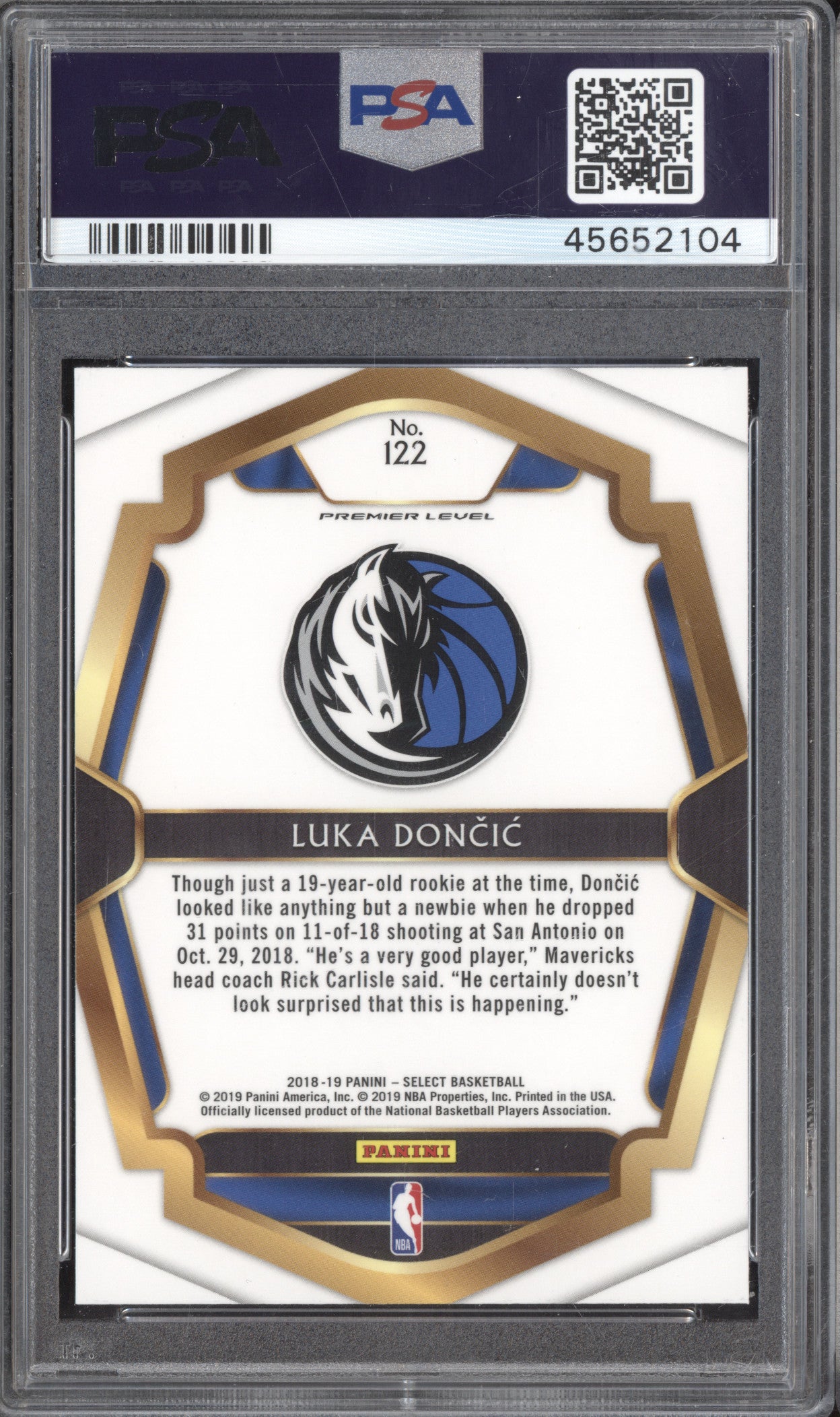 Luka Doncic 2018-19 Panini Select 122 RC PSA 10