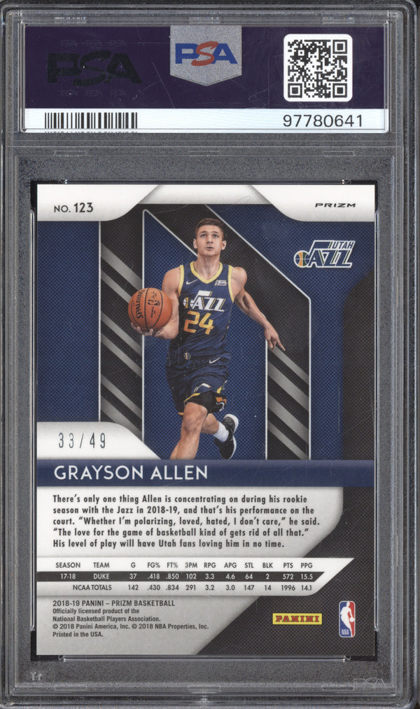 Grayson Allen 2018-19 Panini Prizm 123 Orange RC 33/49 PSA 10