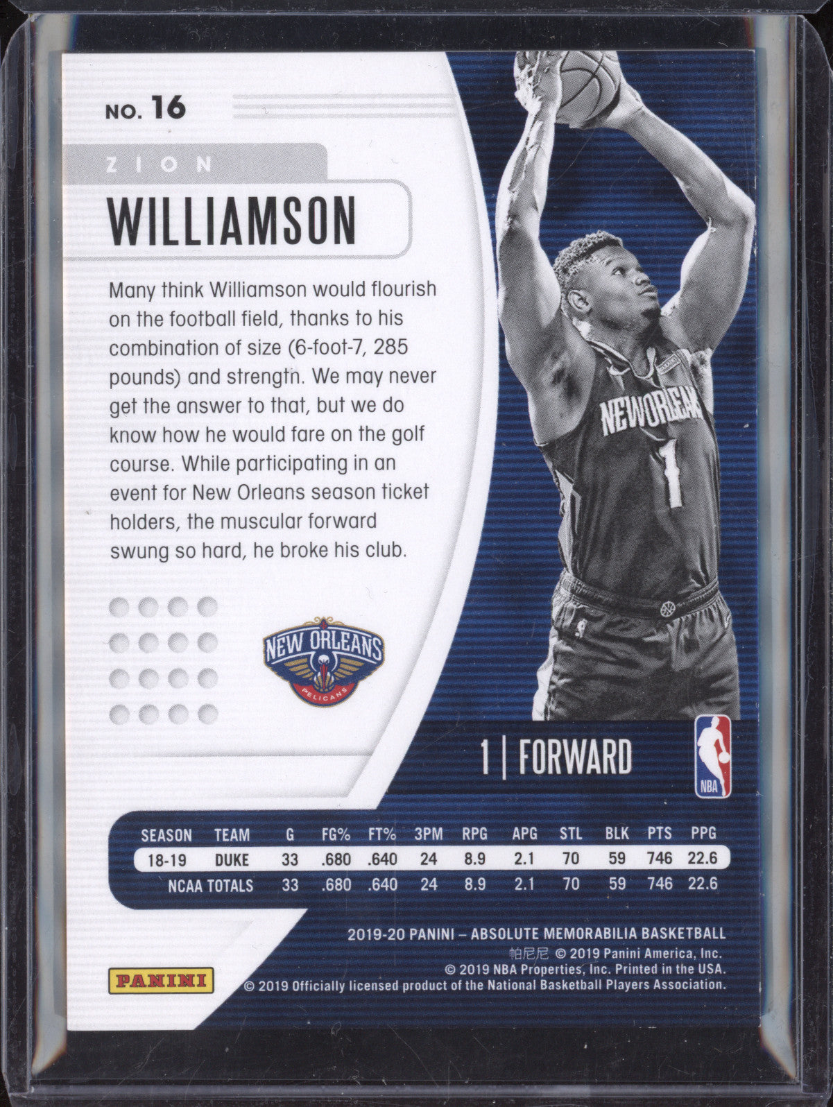 Zion Williamson 2019-20 Panini Absolute Memorabilia 16 Red RC 199/199