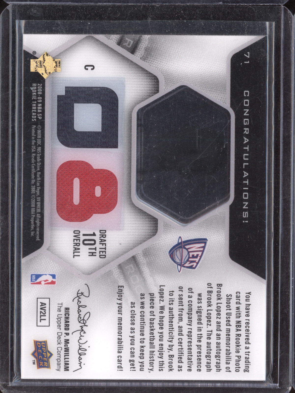 Brook Lopez 2008-09 Upper Deck Rookie Threads Signature Threads Auto Mem RC /599