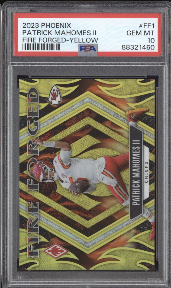 Patrick Mahomes II 2023 Panini Phoenix FF-1 Fire Forged Yellow 51/75 PSA 10