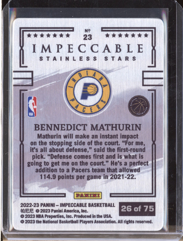 Bennedict Mathurin 2022-23 Panini Impeccable RA-BNM Stainless Stars Blue RC 26/75