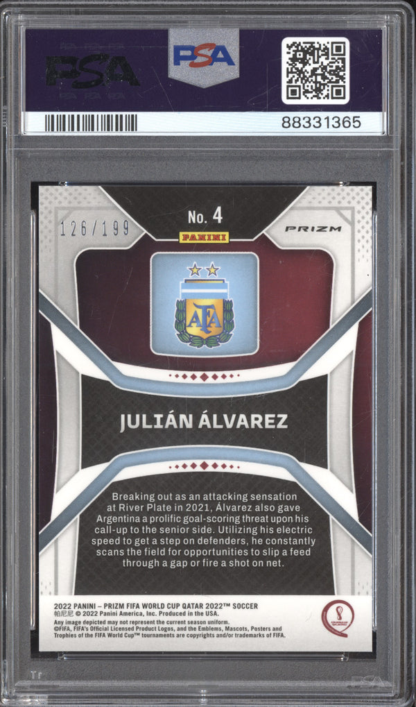 Julian Alvarez 2022 Prizm World Cup 4 Purple Prizm RC 126/199 PSA 10