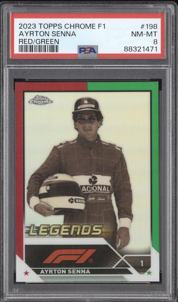 Ayrton Senna 2023 Topps Chrome F1 198 Red/Green Legends PSA 8