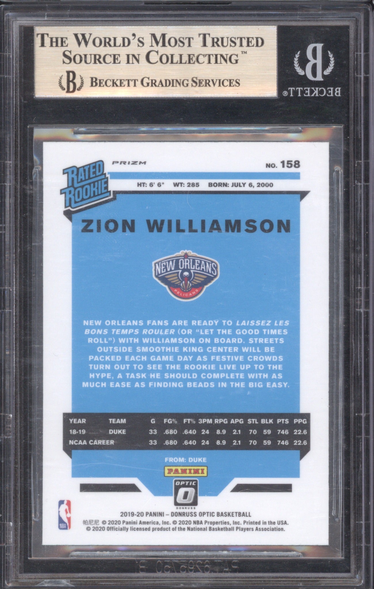 Zion Williamson 2019-20 Donruss Optic Rated Purple Shock Prizm Rookie RC BGS 9.5