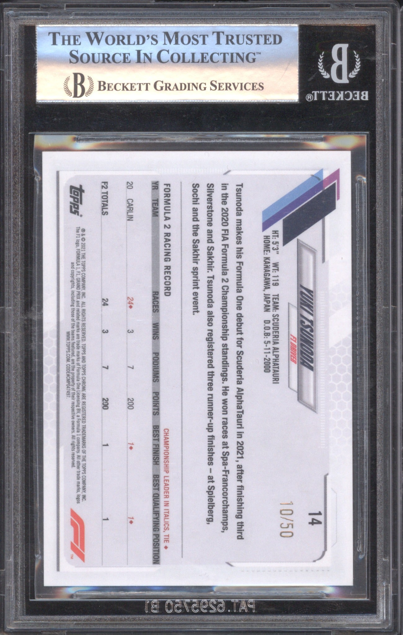 Yuki Tsunoda 2021 Topps Chrome Formula 1 #14 Gold Refractors RC /50 BGS 9