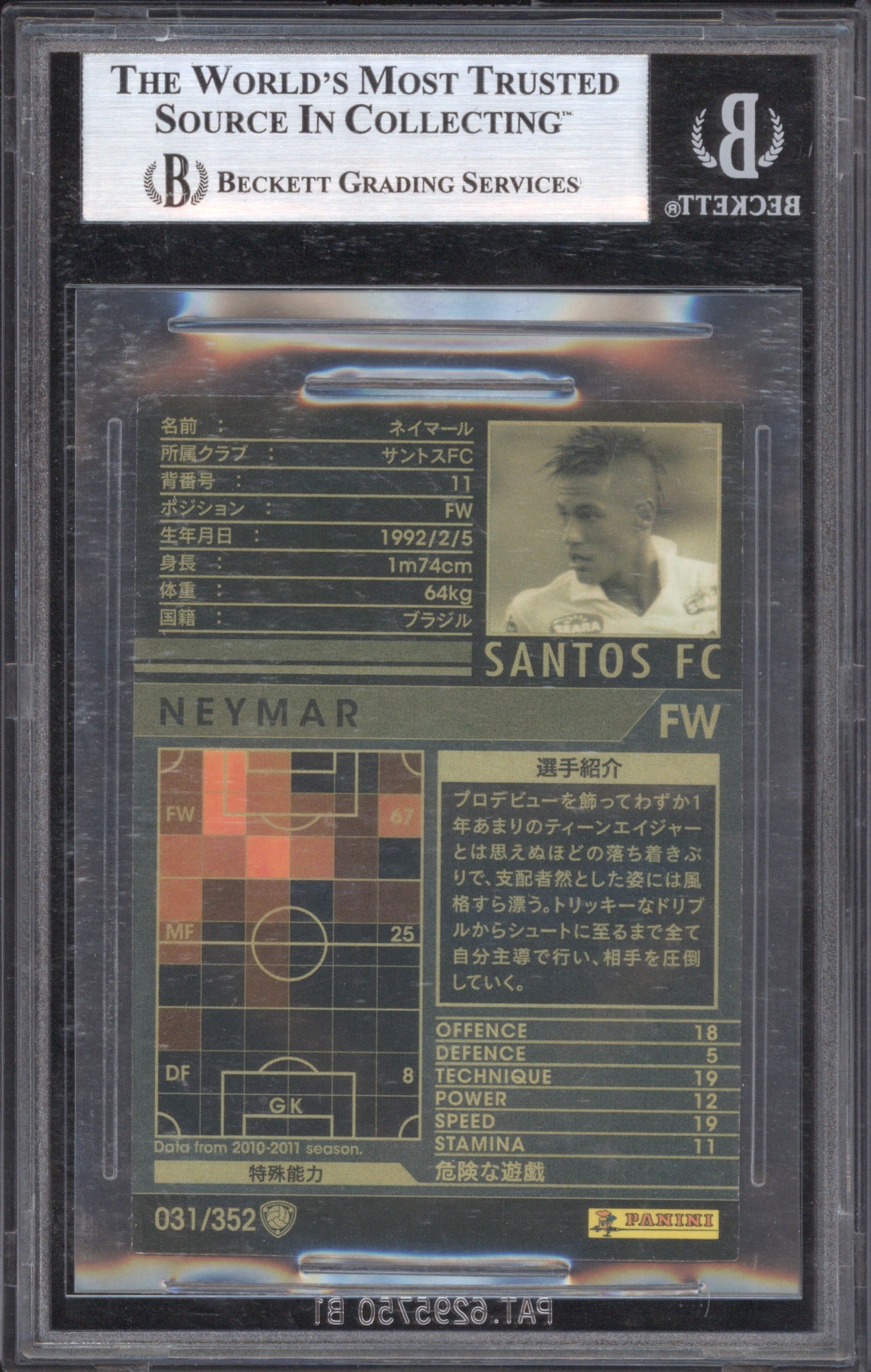 Neymar 2010 Panini Sega WCCF Intercontinental Clubs #31 BGS 8.5