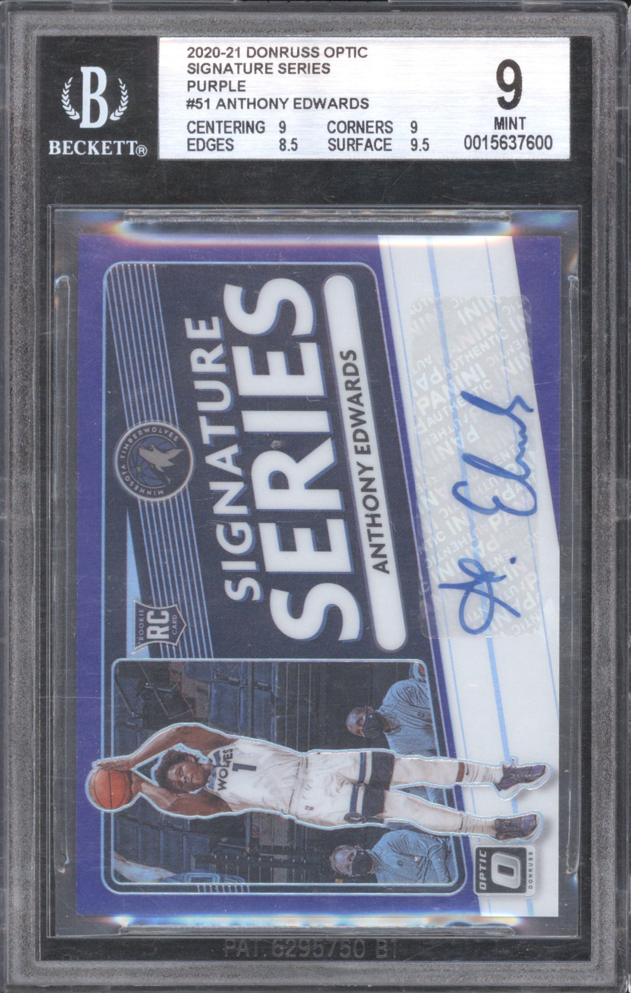 Anthony Edwards 2020 Donruss Optic #51 Signature Series Auto RC BGS 9 Purple