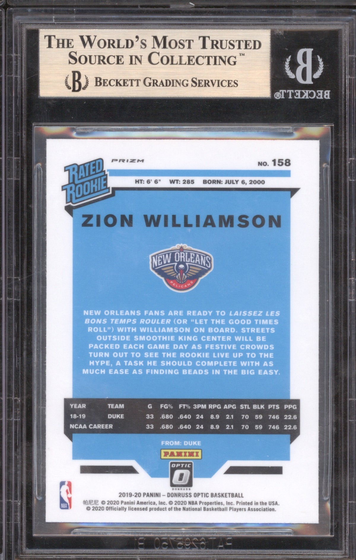 2019 Donruss Optic Zion Williamson Rated Rookie Holo 158 BGS 9.5