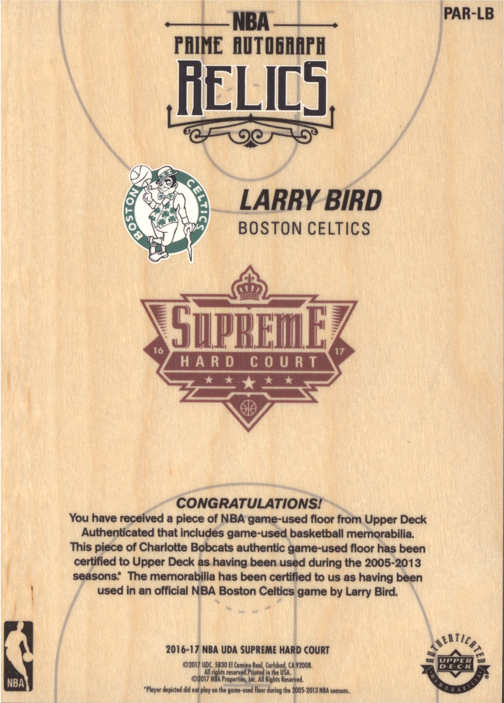 Larry Bird 2016-17 Upper Deck Supreme Hard Court PAR-LB Prime Auto Relic 22/25