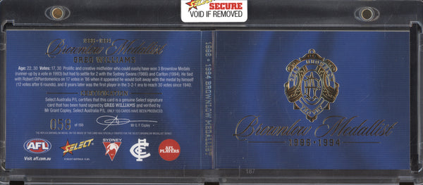 Greg Williams 2024 Select Brownlow Medallist 1986-1994 Booklet Signature 58/150