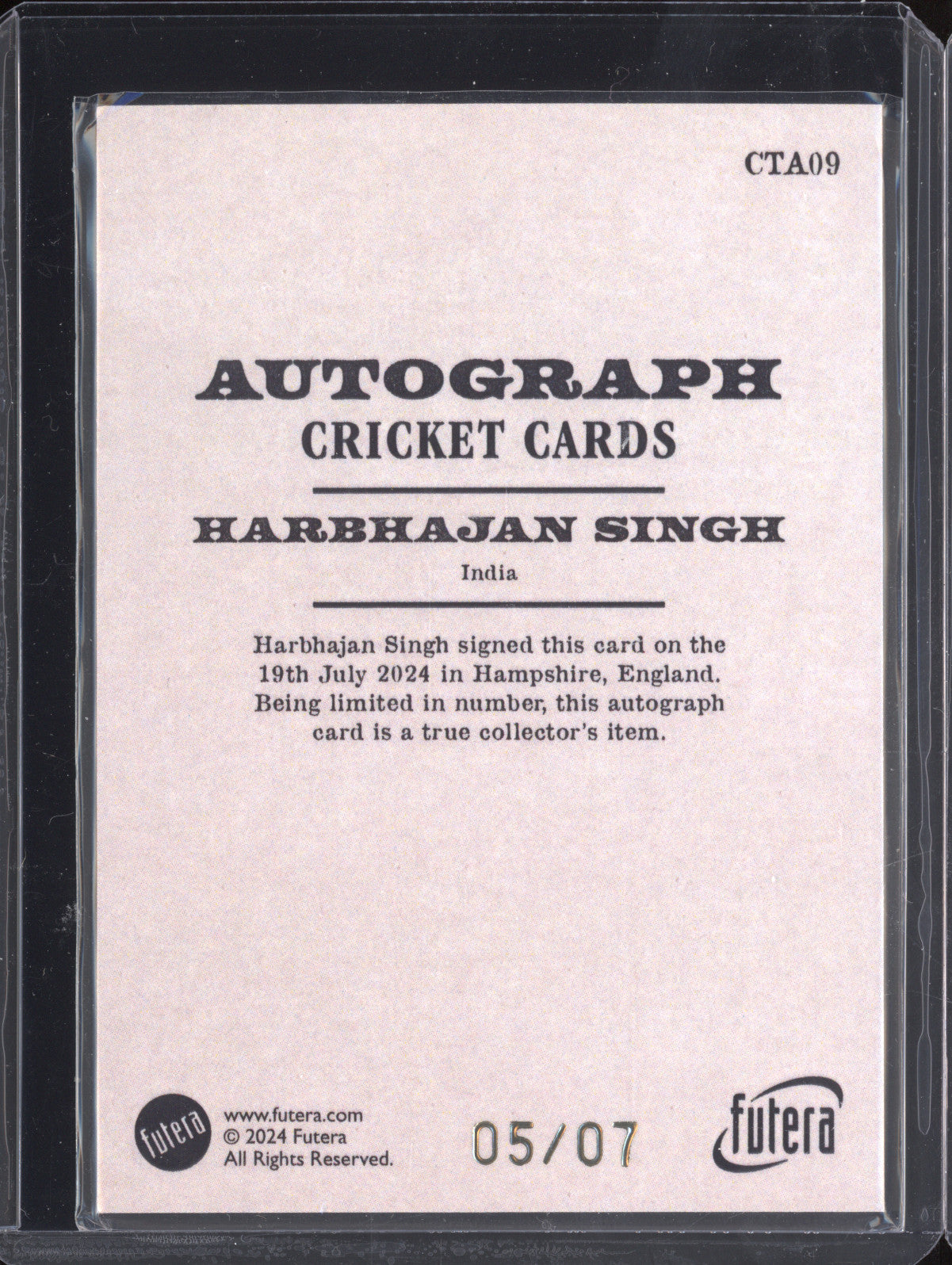 Harbhajan Singh 2024 Futera Vintage Cricket CTA09 Taddies Autograph 5/7