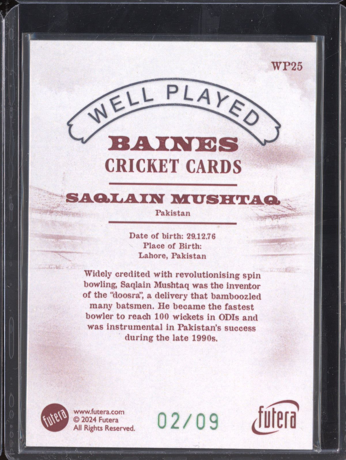 Saqlain Mushtaq 2024 Futera Vintage Cricket WP25 Well Played 2/9