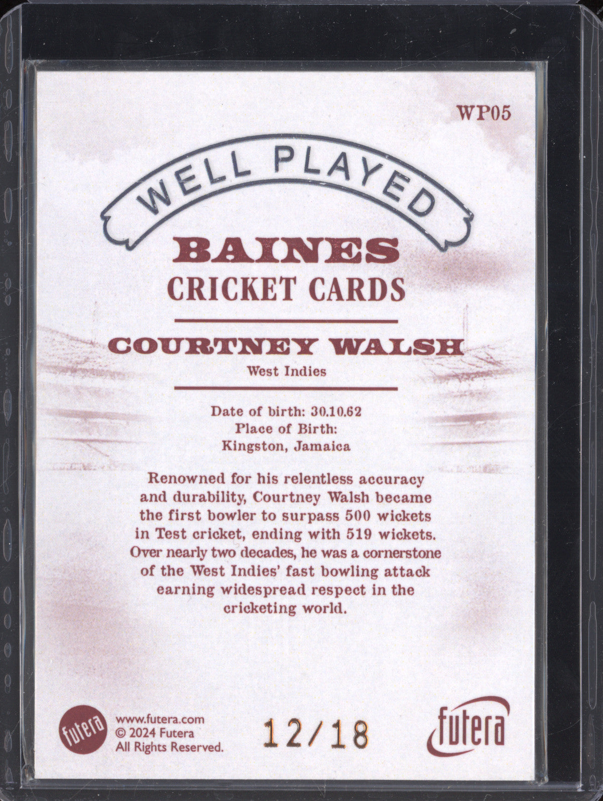 Courtney Walsh 2024 Futera Vintage Cricket WP05 Well Played 12/18