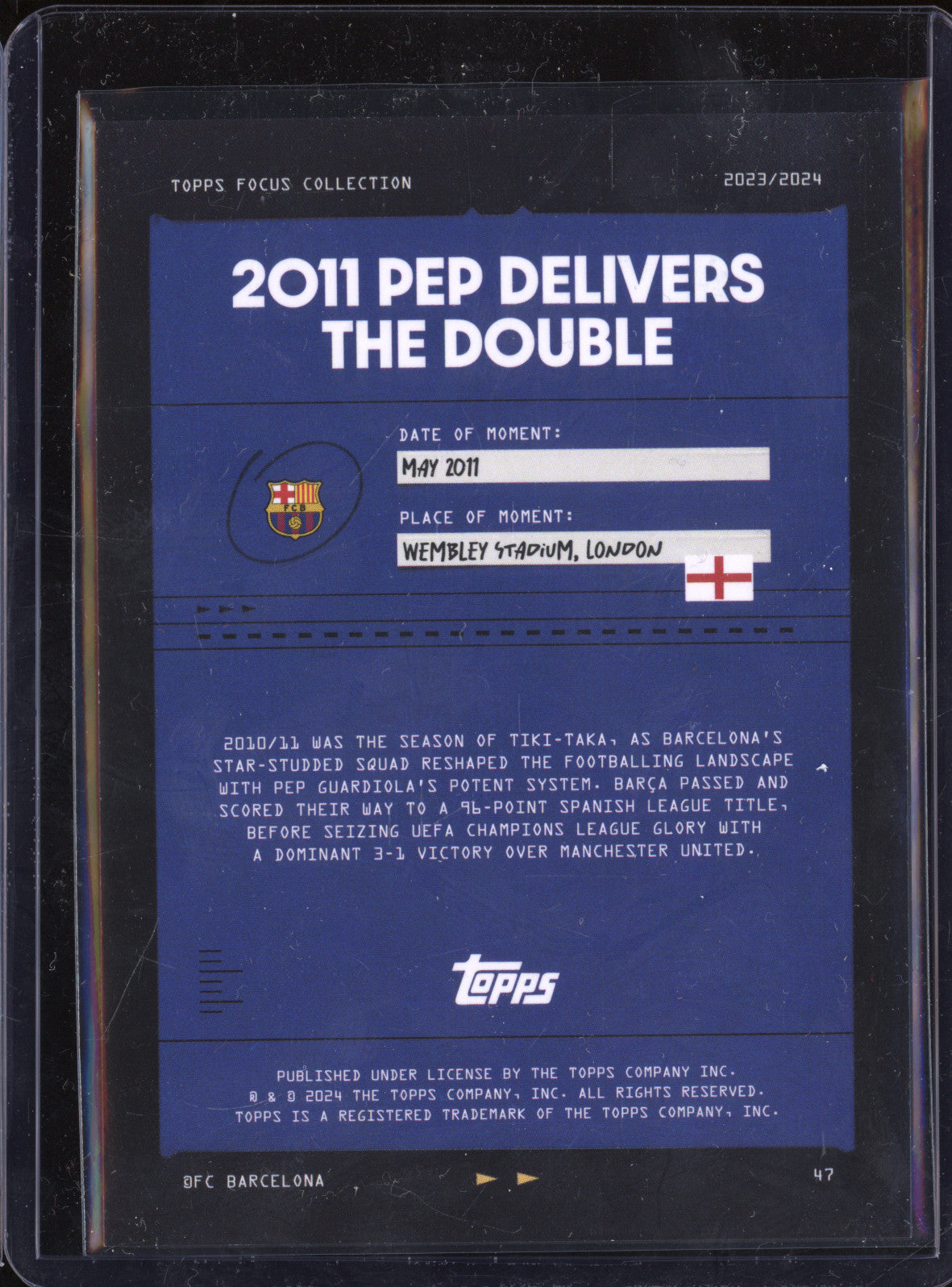 2011 Pep Delivers the Double 2023-24 Topps Focus Barcelona Moments Green 99/99