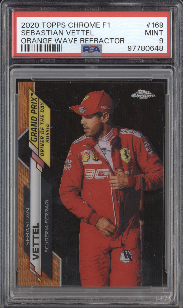 Sebastian Vettel 2020 Topps F1 Chrome 169 Orange Wave Refractor 8/25 PSA 9