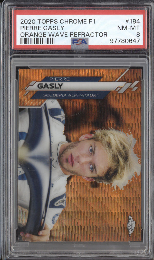 Pierre Gasly 2020 Topps F1 Chrome 184 Orange Wave Refractor 17/25 PSA 8