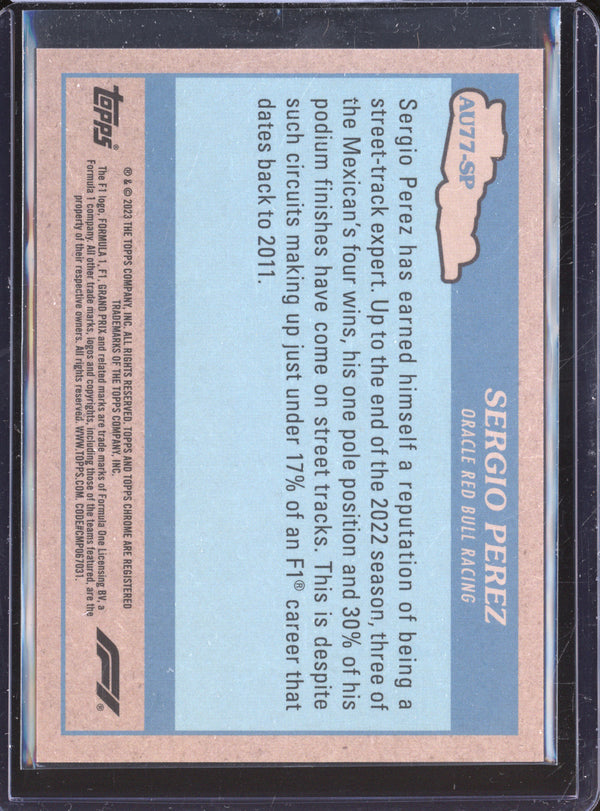 Sergio Perez 2023 Topps Chrome F1 AU77-SP Autos of 1977 Gold 8/50