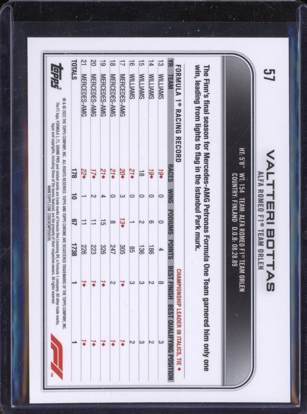 Valtteri Bottas 2022 Topps Chrome F1 57 Checker Flag