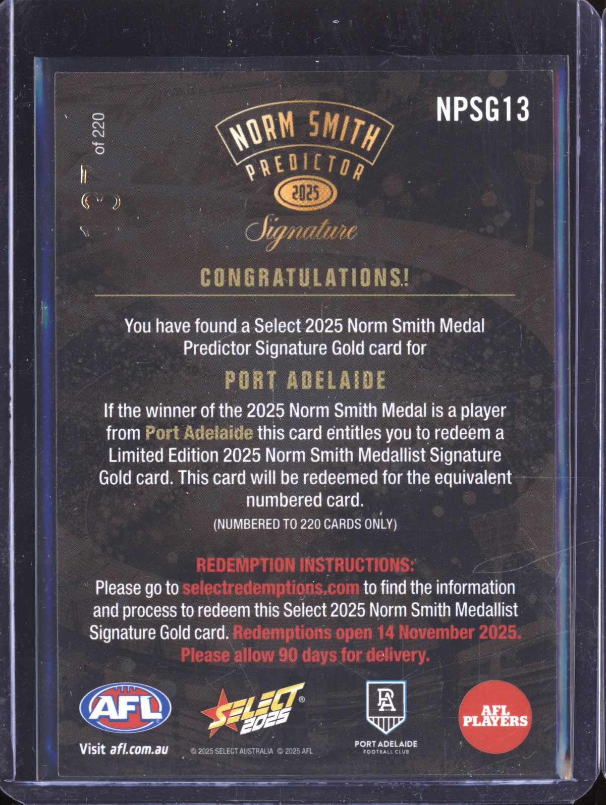 Port Adelaide 2025 Select Footy Stars NPSG13 Norm Smith Signature Predictor Gold 137/220