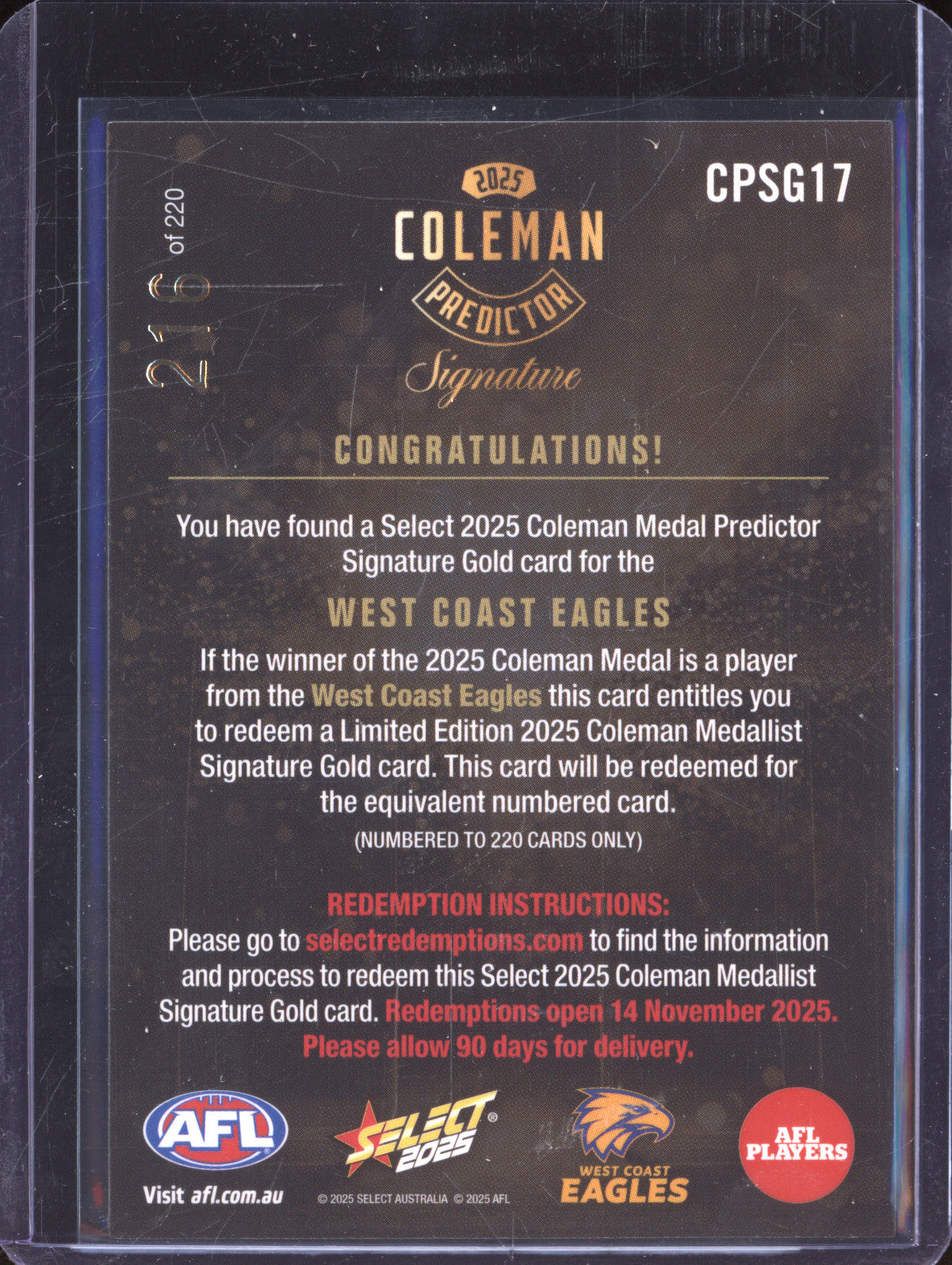 West Coast Eagles 2025 Select Footy Stars CPSG17 Coleman Medal Signature Predictor Gold 216/220