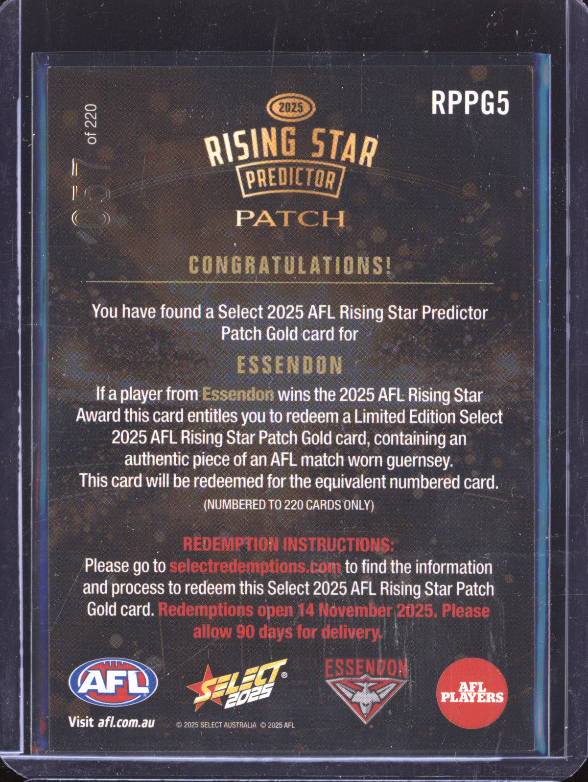 Essendon 2025 Select Footy Stars RPPG5 Rising Star Predictor Patch Gold 57/220