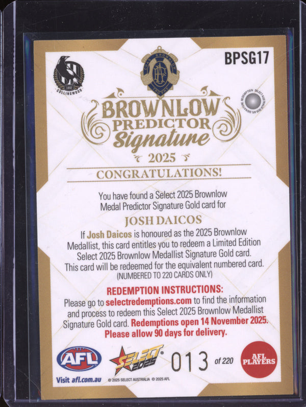 Josh Daicos 2025 Select Footy Stars BPSG17 Brownlow Medal Predictor Signature Gold 13/220