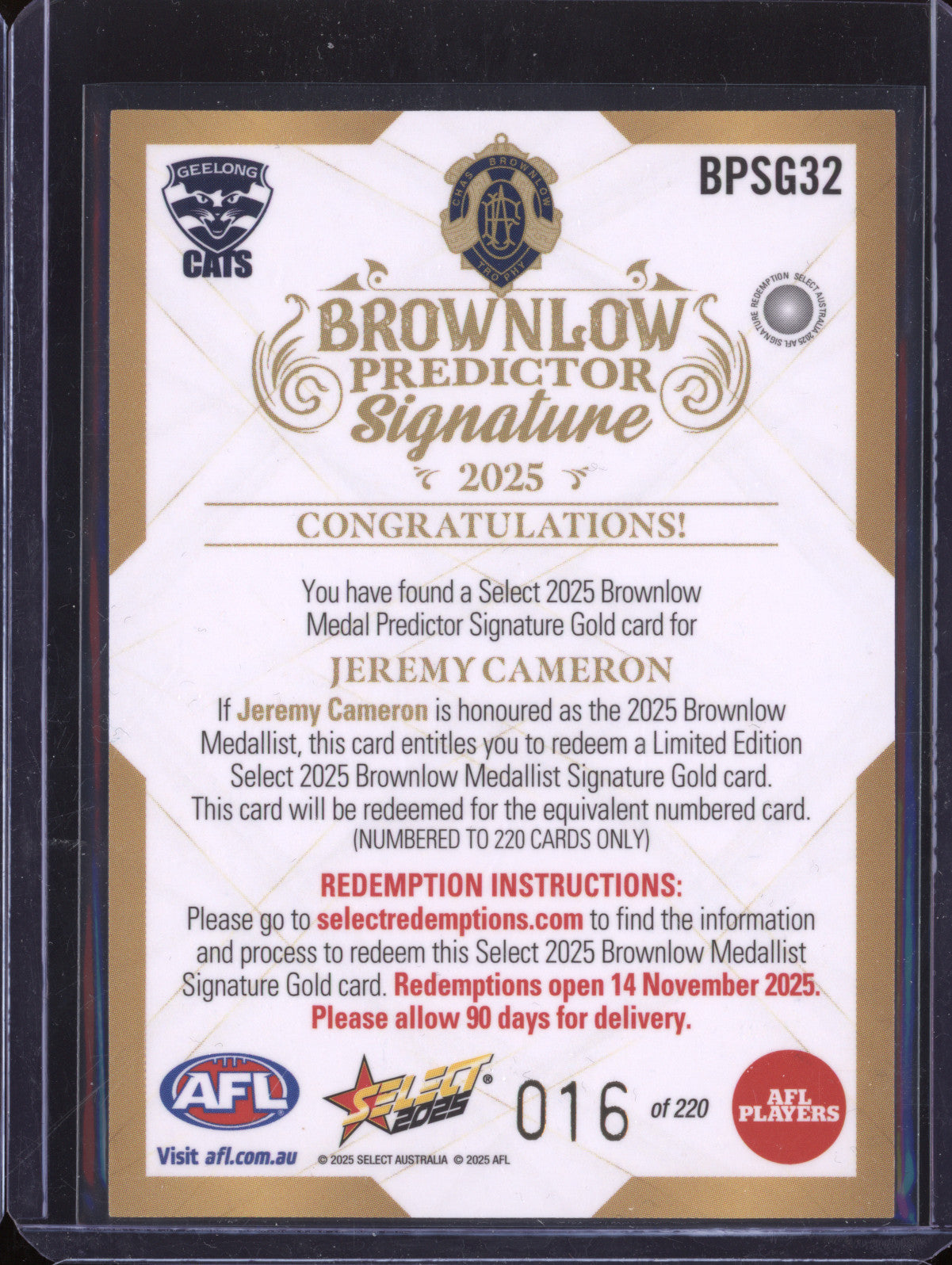 Jeremy Cameron 2025 Select Footy Stars BPSG32 Brownlow Medal Predictor Signature Gold 16/220