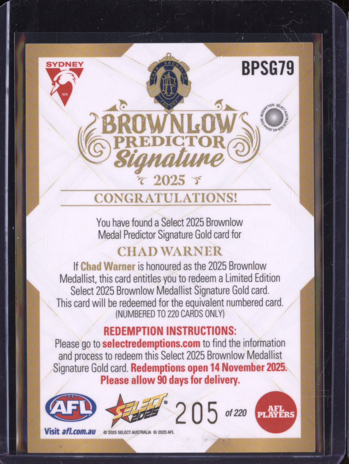 Chad Warner 2025 Select Footy Stars BPSG79 Brownlow Medal Predictor Signature Gold 205/220