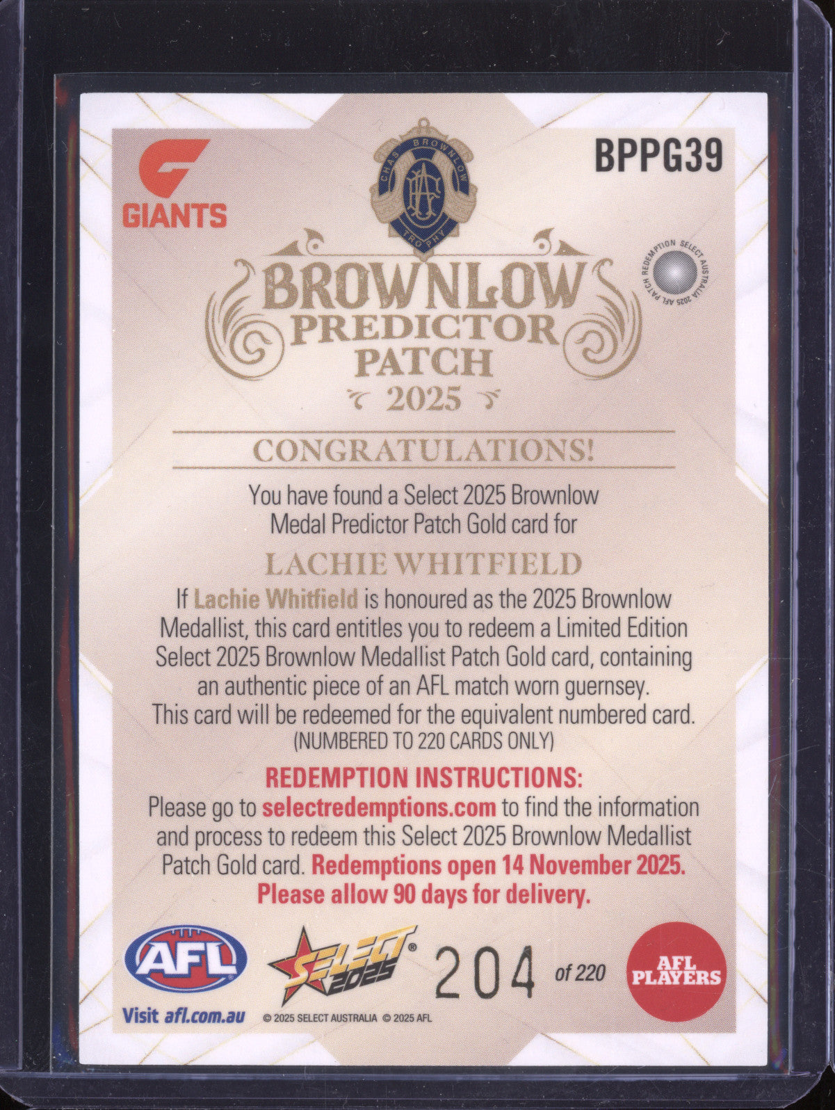 Lachie Whitfield 2025 Select Footy Stars BPPG39 Brownlow Medal Predictor Patch Gold 204/220