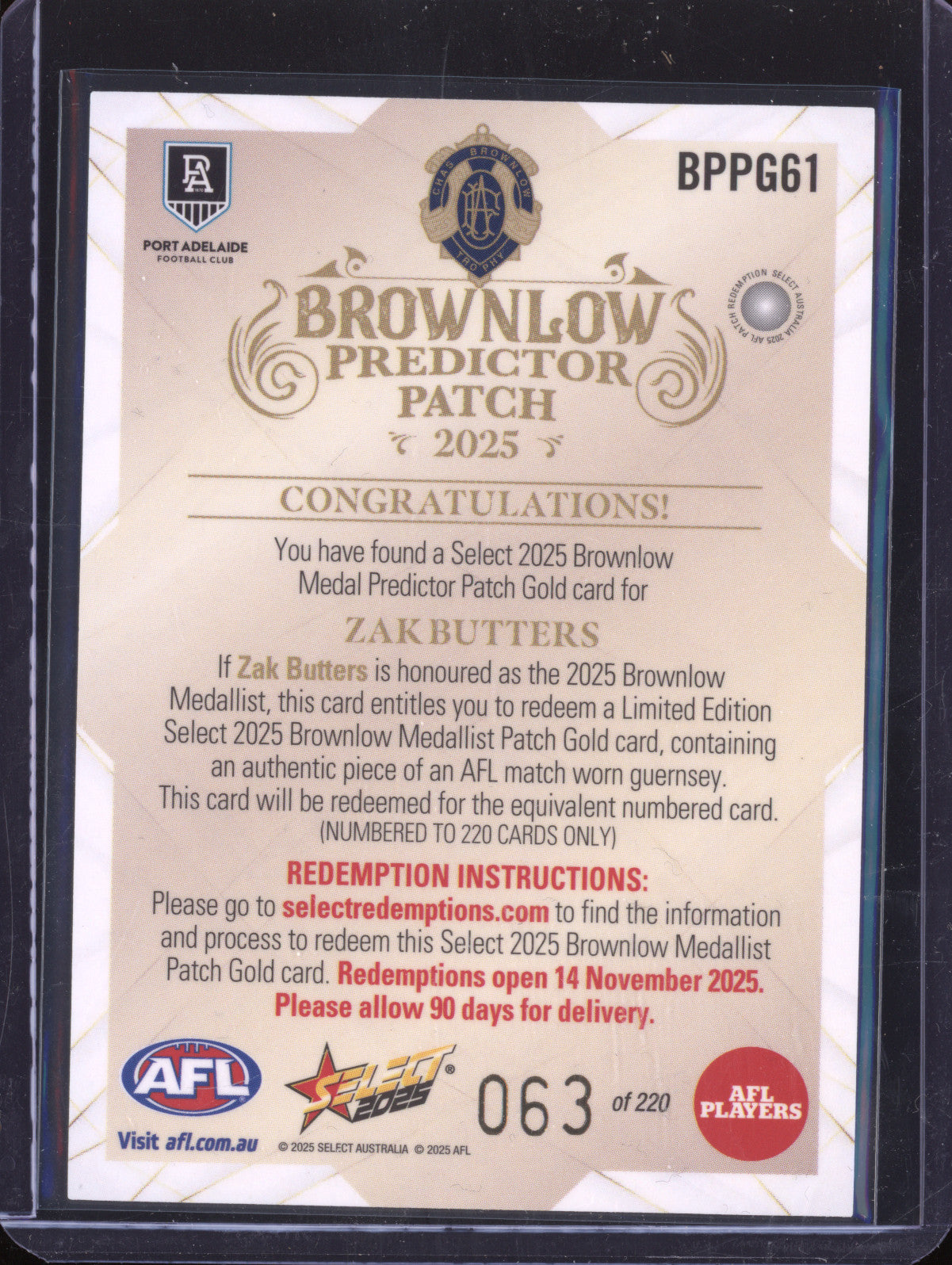 Zak Butters 2025 Select Footy Stars BPPG61 Brownlow Medal Predictor Patch Gold 63/220