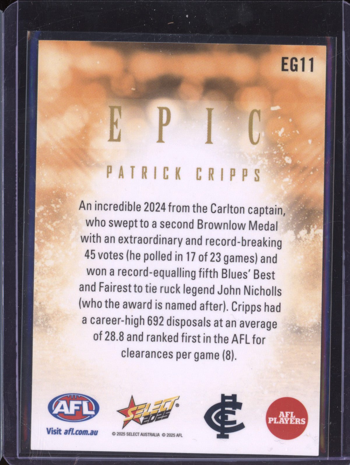 Patrick Cripps 2025 Select Footy Stars EG11 Epic Gold 73/75