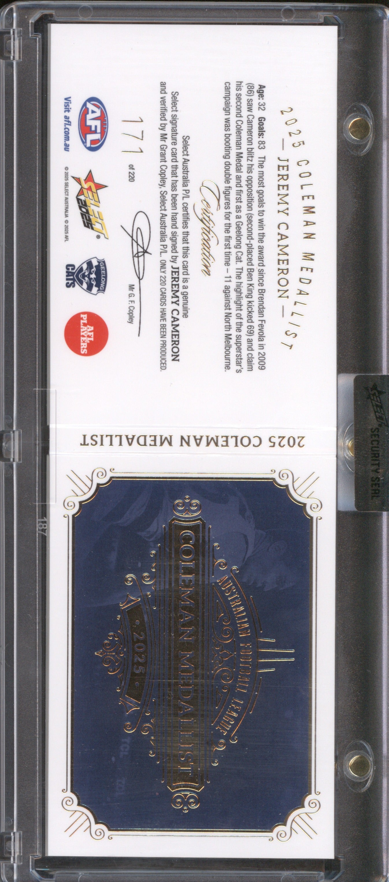 2025 Select AFL Coleman Medallist Signature Booklet Jeremy Cameron 171/220