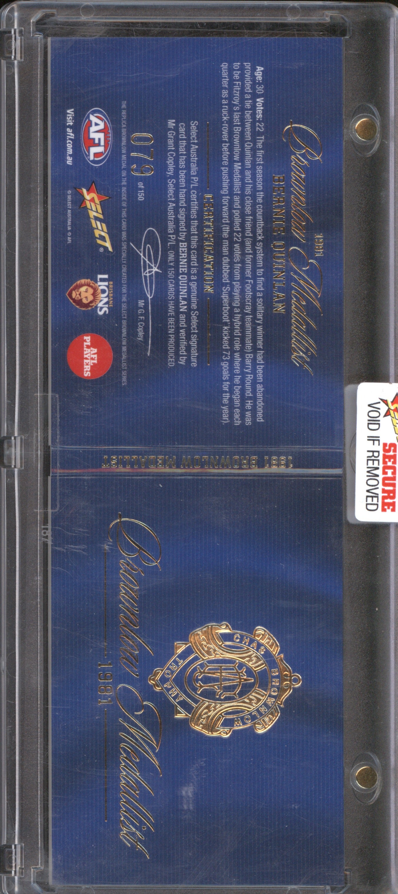 2024 Select Brownlow Medallist Series 1981 Bernie Quinlan Signature Booklet