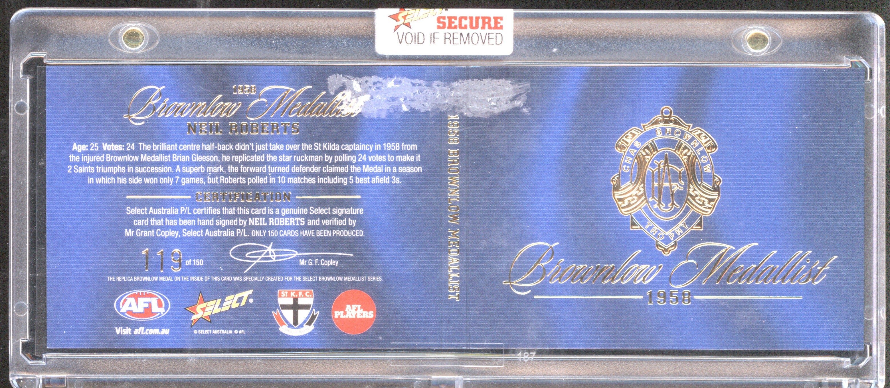 Neil Roberts 2024 AFL Select Brownlow Medallist Booklet 1958 St Kilda /150
