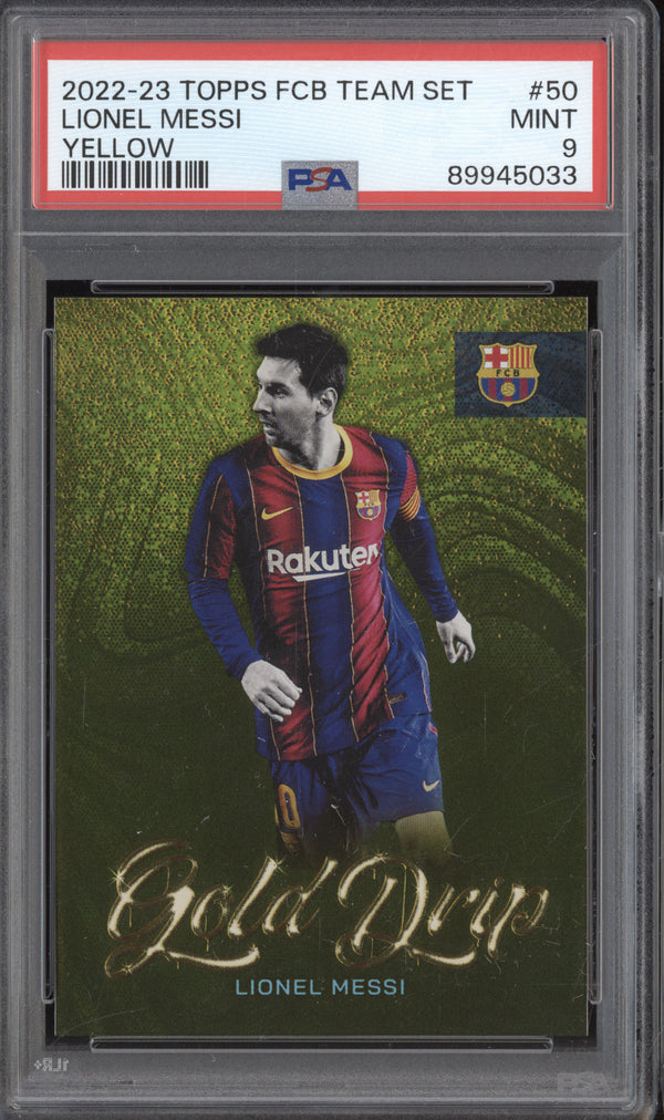 Lionel Messi 2022-23 Topps Barcelona Team Set 50 Gold Gold Drip 1/50 PSA 9