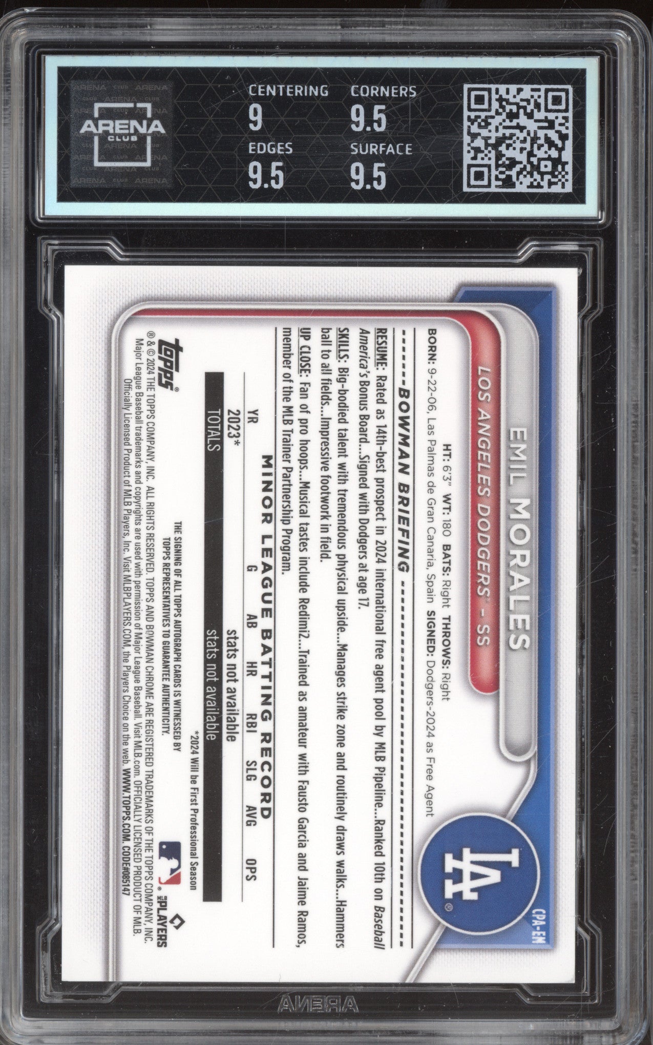 Emil Morales 2024 Bowman Chrome CPA-EM Chrome Prospect Auto RC Arena Club 9.5/10