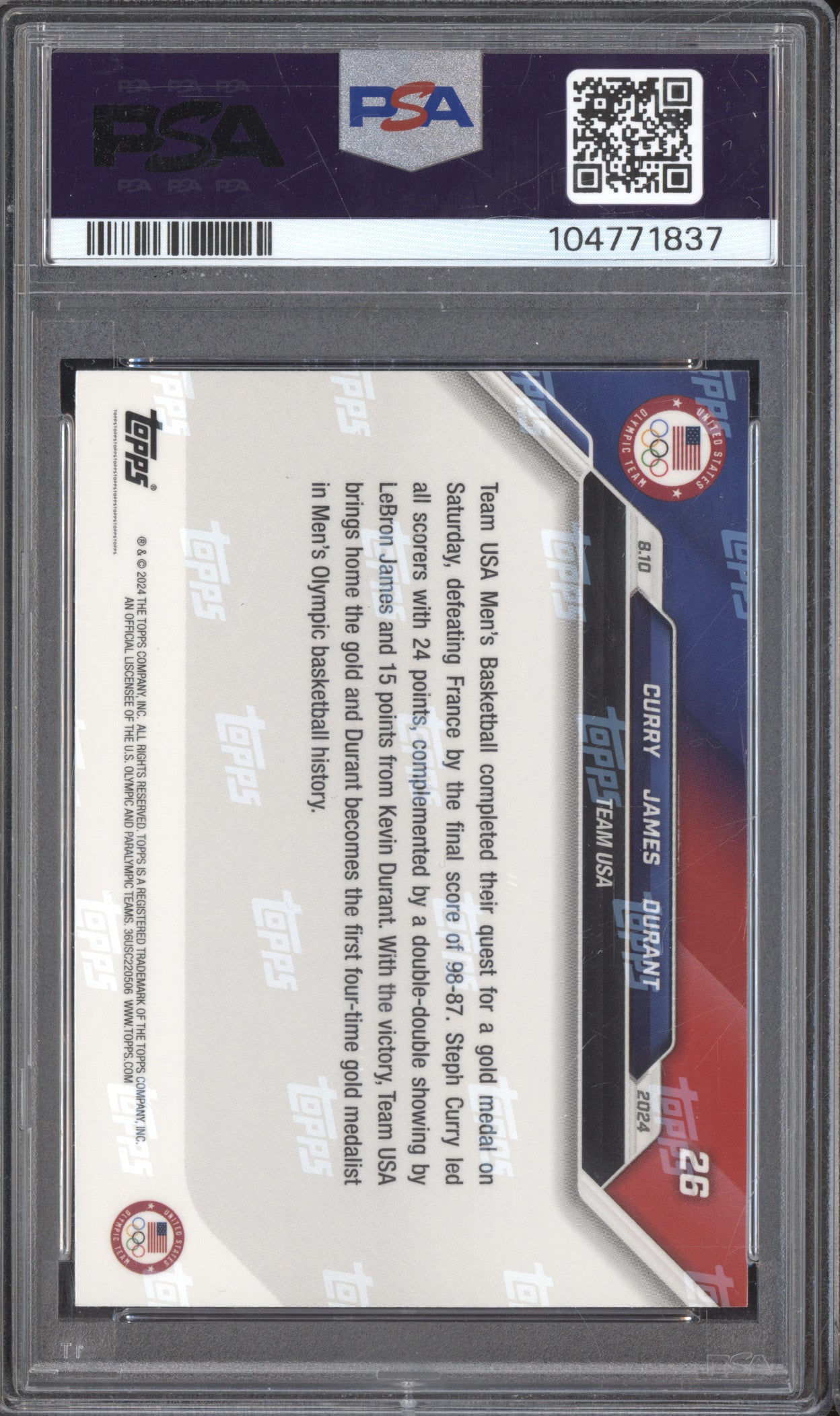 Curry James Durant 2024 Topps Now Olympics 26 White Variation PSA 10