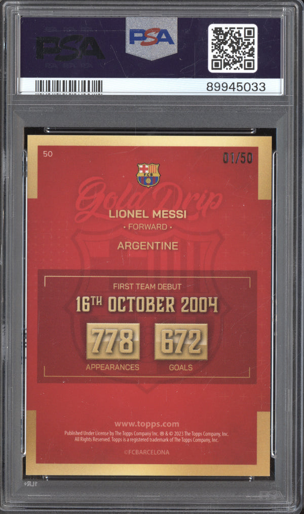 Lionel Messi 2022-23 Topps Barcelona Team Set 50 Gold Gold Drip 1/50 PSA 9