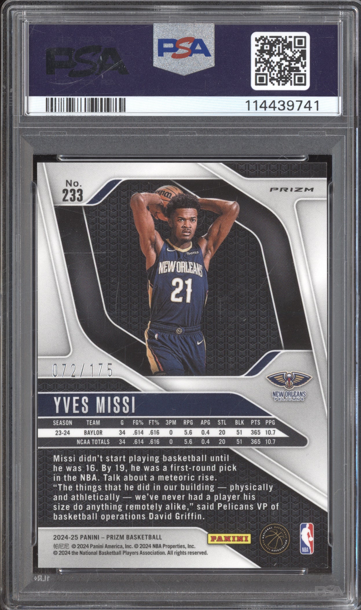 Yves Missi 2024-25 Panini Prizm 233 White Prizm RC 72/175 PSA 9