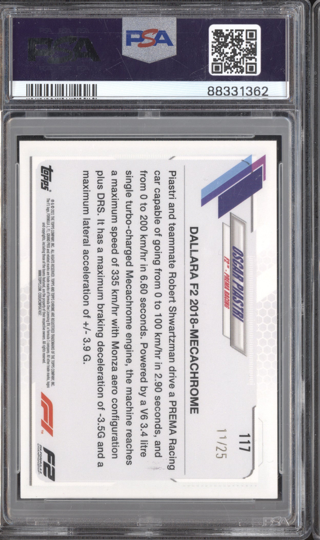 Oscar Piastri 2021 Topps Chrome F1 117 Orange Wave Refractor 11/25 PSA 10