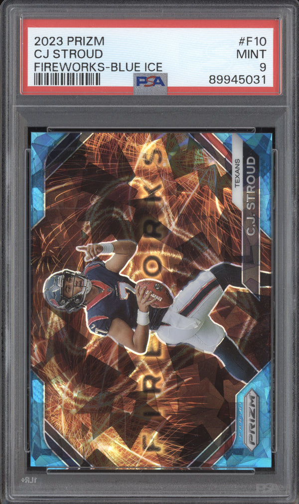 CJ Stroud 2023 Panini Prizm F10 Blue Ice Fireworks RC 6/99 PSA 9