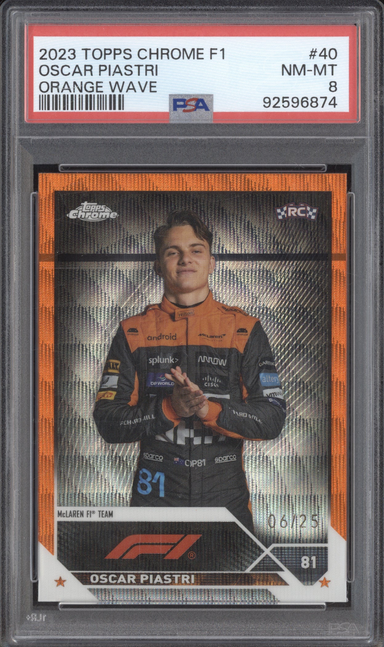 Oscar Piastri 2023 Topps Chrome F1 40 Orange Wave Refractor RC 6/25 PSA 8