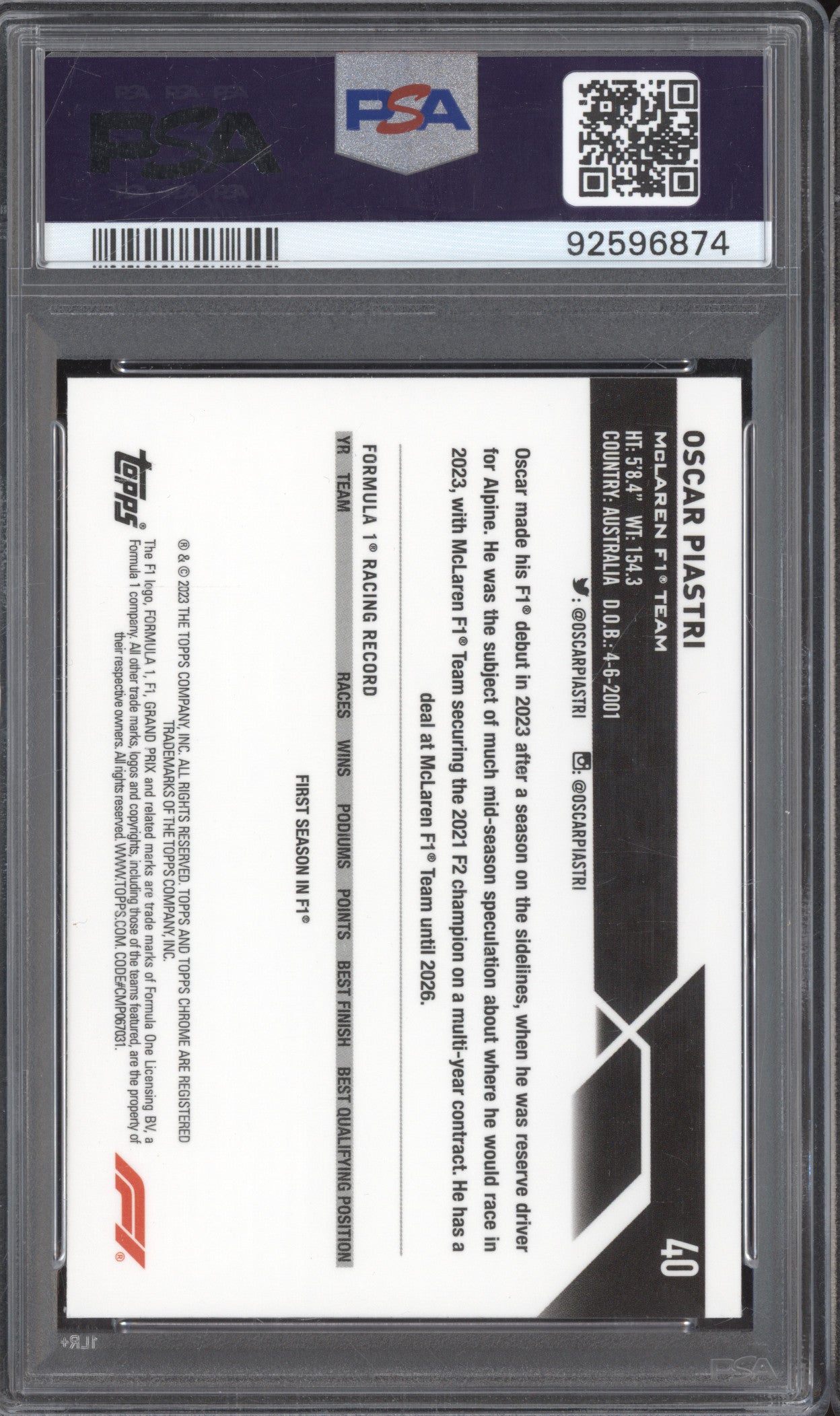 Oscar Piastri 2023 Topps Chrome F1 40 Orange Wave Refractor RC 6/25 PSA 8